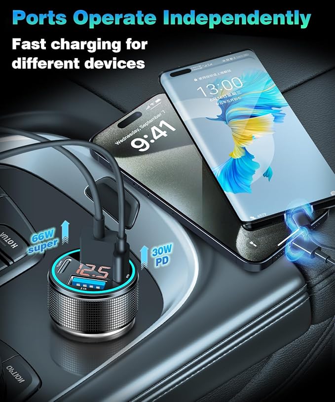66W USB C Car Charger 4 Port Car Charger Adapter with 30W PD, 3.1A Aluminium Alloy Car Cigarette Lighter USB Charger with LED Voltmeter Compatible with Phone 15 14 13