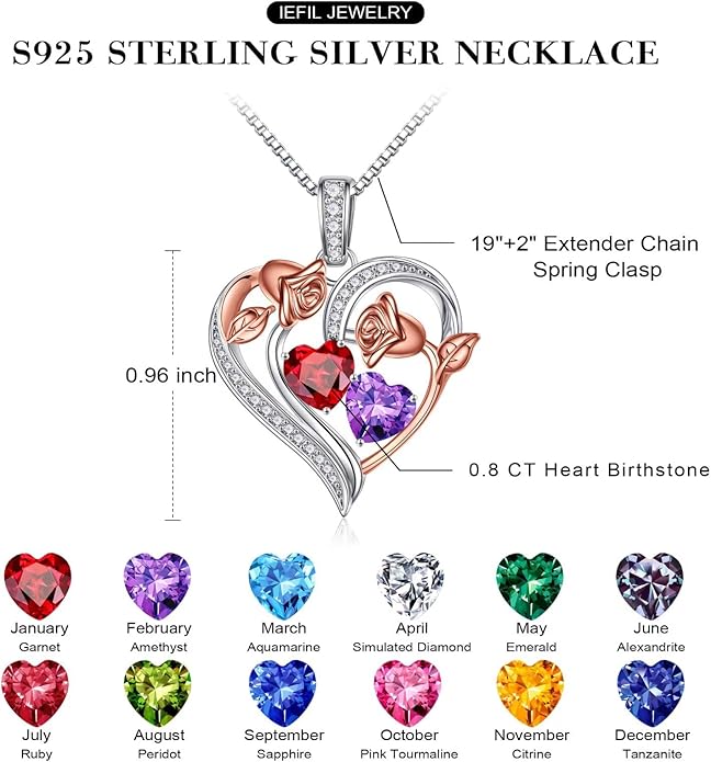 Iefil Valentines Day Gifts for Her - 925 Sterling Silver Rose Heart Necklace, Birthstone Jewelry, Anniversary Birthday Gifts for Wife Girlfriend Mom Daughter