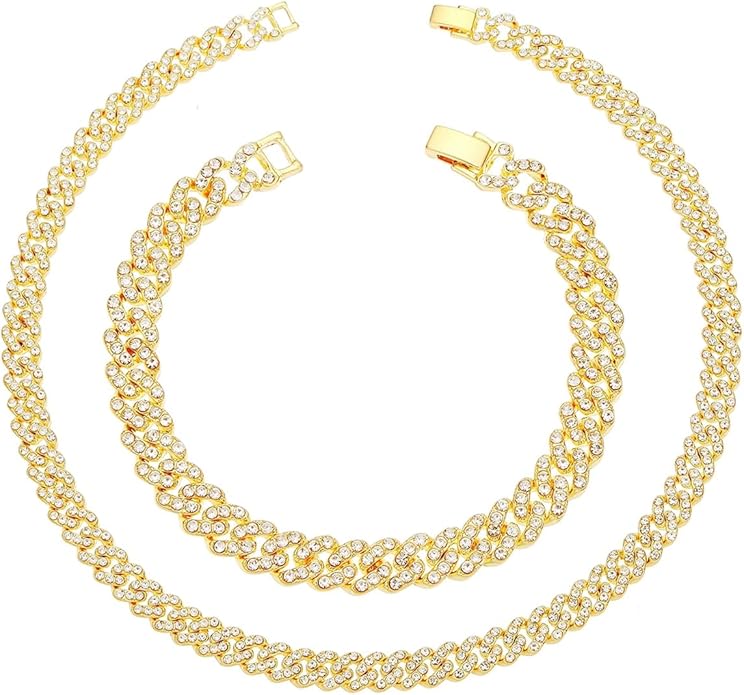 HH BLING EMPIRE 14k Gold/Silver Cuban Link Chain for Women Iced Out Diamond Chunky Cuban Link Necklace Chain Bracelet 2pcs Sets
