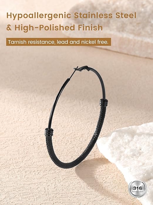 KeyStyle Mesh Hoop Earrings for Women, Stainless Steel Gold Hoops Earring Lightweight Loops, 2MM Thick Hypoallergenic Circle Endless Hollow Hoop 20mm-80mm