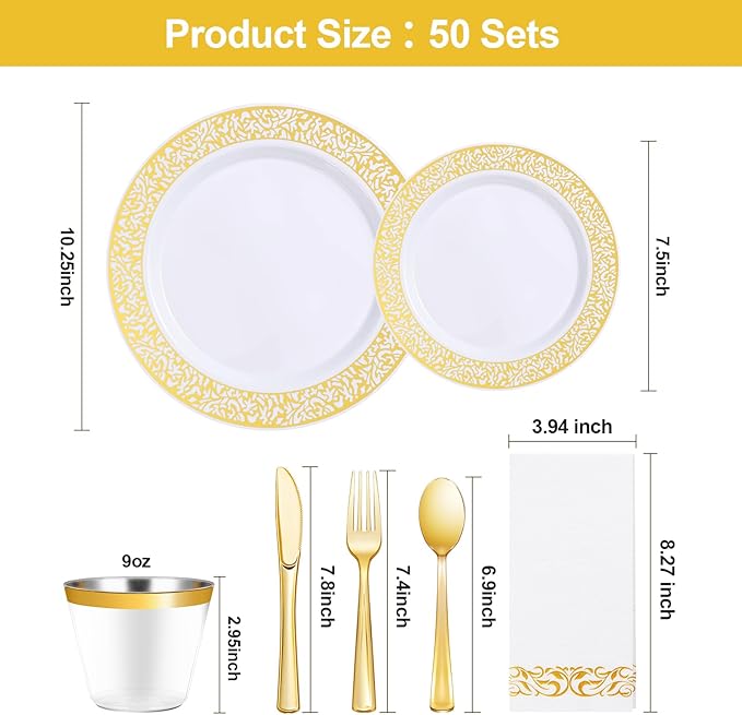350PCS Gold Plastic Dinnerware Set for 50 Guests, Disposable Plates for Party, Wedding and Dinner, Include 50 Dinner Plates, 50 Dessert Plates, 50 Set Silverware, 50 Cups, 50 Napkins