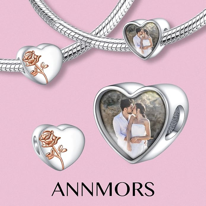 Annmors Personalized Photo Charms For Bracelets/Necklace 925 Sterling Silver Love Heart Shaped Engraved Customize Picture Gift for Birthday Mother's Day,Bead Charms Jewelry for Women