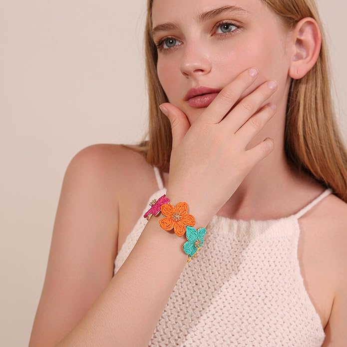 Raffia Flower Cuff Bracelet for Women, Floral Chunky Bangle Wide Open Cuff Statement Bracelet