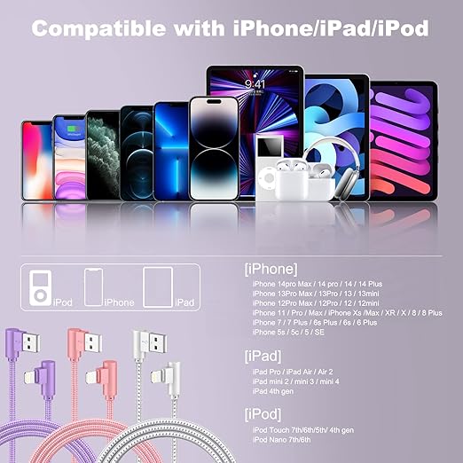 iPhone Charger 3 Pack 10FT USB A to Lightning Cables 90 Degree Charge Cable MFi Certified Nylon Braided Fast Charging Cord for iPhone 14/13/12/11/X/Max/8/7/6/6S/5/5S/SE/Plus/iPad