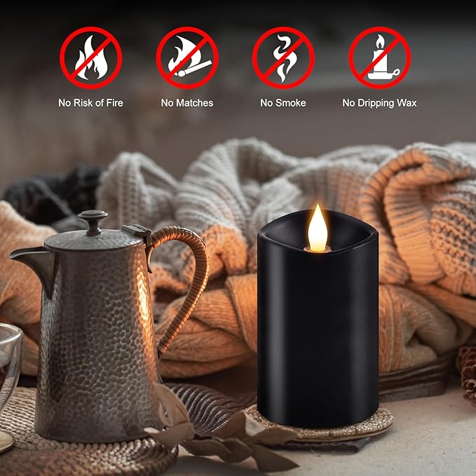 1PCS, 3 x 5 inches Flameless Candle with Remote Control, 3D Flickering Wick, Real Wax Pillar LED Candles, Battery Candles,with Timer,for Holiday Home Decor, Black