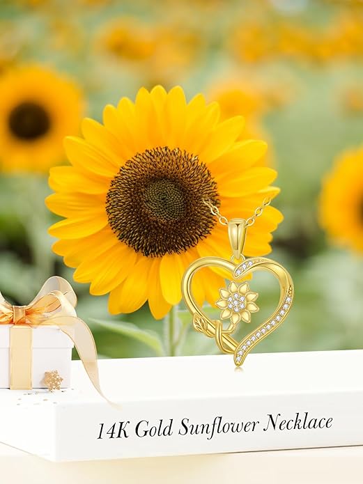 14K Solid Gold Rose Flower/Sunflower Necklaces for Women Flower Heart Pendant Necklace Love Sunshine Jewelry Anniversary Valentine's Day Birthday GiftS for Women Wife Girlfriend Her Mom