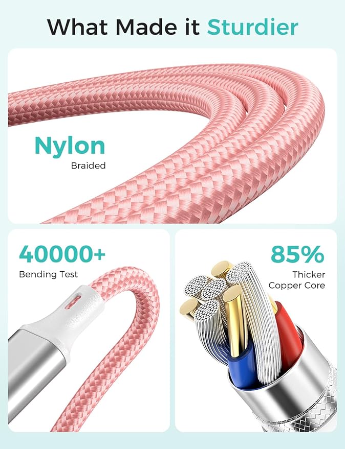 Travel Essentials Multi Charging Cable for Watch Charger 4 in 1 Fast Charger Camping Essentials USB C/L/Micro Compatible with Watch Series 10-1/SE/Ultra Phone 16 15/Galaxy Android-4FT/Pink