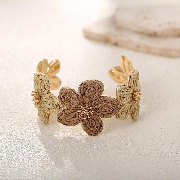 Raffia Flower Cuff Bracelet for Women, Floral Chunky Bangle Wide Open Cuff Statement Bracelet