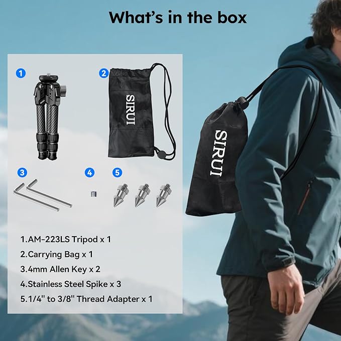 SIRUI Carbon Fiber Mini Tripod with Bowl Base, 33lbs Max Load, Ultra-Lightweight 1.63lbs, 8.82in Folded, 360° Panorama & ±15° Tilt for Camera/Phone/Vlogging（AM-223LS）