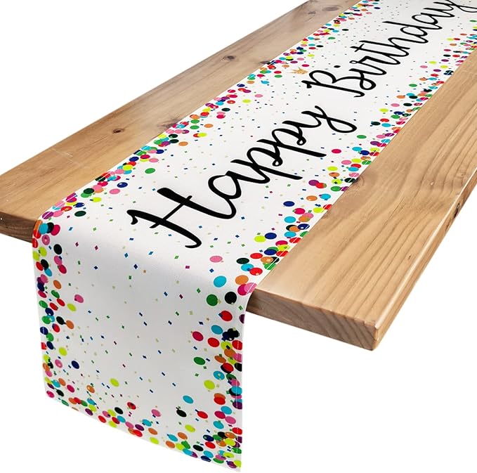 Letjolt Happy Birthday Table Runner 108 Inches Birthday Centerpieces for Tables Birth Day Party Sign Polka Dots Table Decoration, White