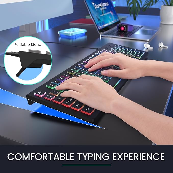 Wired Backlit Keyboard, Lighted Computer Keyboard with 8° Adjustable Stand, Ergonomic Design, Spill-Proof Keys, 5ft Cable, Compatible with Windows & Mac