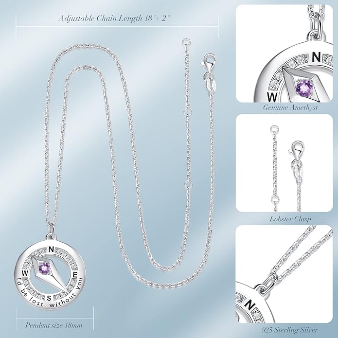 FANCIME Sterling Silver Compass Birthstone Necklaces Fine Jewelry Anniversary Birthday Gifts for Women Her Wife Mom