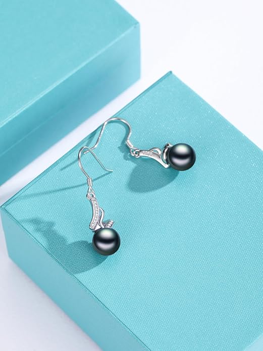 Tahitian Black Pearl Earrings Gifts for Women Wife Celtic Dangle Drop Earrings Wedding Birthday Anniversary Jewelry Valentines Christmas Day Gifts 925 Sterling Silver