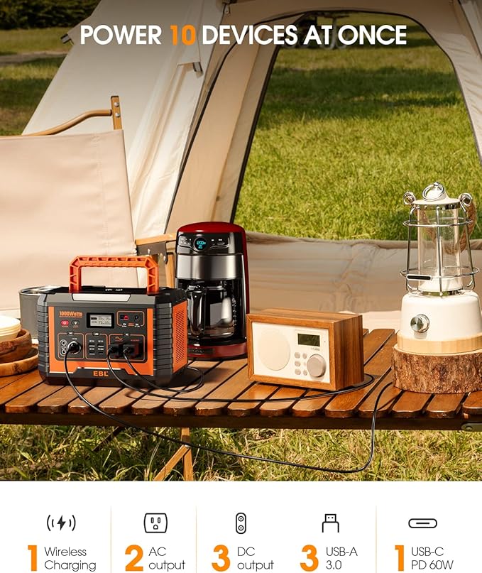 EBL Portable Power Station 1000W, Camping Solar Generator 270000mAh with 110V AC Outlet, PD 60W Fast Charging For Home Camping Emergency Backup