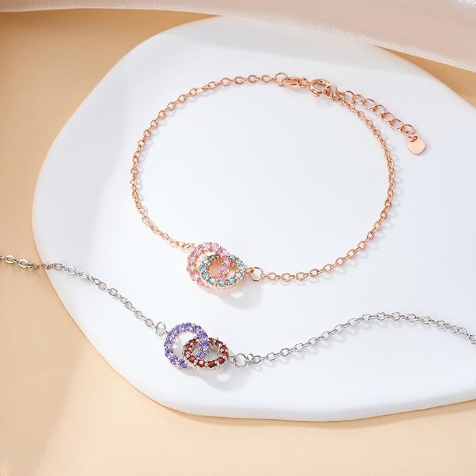 Custom Birthstone Bracelet for Women Sterling Silver Personalized Interlocking 2 Circles Charm Bracelets for Lover Christmas Valentine's Day Jewelry Gifts for BFF