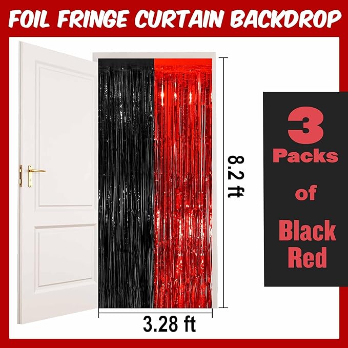3 Pack Black and Red Foil Fringe Curtains Backdrop, 3.28 x 8.2 Ft Metallic Streamers Tinsel Curtains Background for Photo Booth, Birthday, Halloween, Christmas, New Year Party Decorations