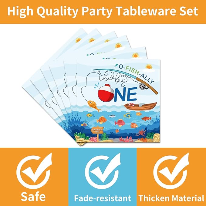 Ofishally One Birthday Party Decorations- 96PCS O Fishally One Plates and Napkins Party Supplies Fishing First Birthday Decorations 1st Fish Themed Disposable Paper Tableware Set Serves 24 Guests