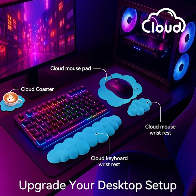 Cloud Wrist Rest for Computer Keyboard, 4-in-1 Memory Foam Leather Cloud Keyboard Wrist Rest and Mouse Pad Set with Ergonomic Support for Arm and Palm Cushion, Gaming/Work Setup, Scuba Blue