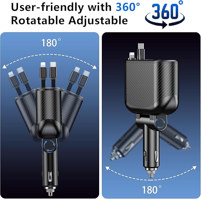 OHLPRO Retractable Car Charger Cigarette Lighter Adapter, 168W 5 in 1 Fast Phone Charging Built-in Replaceable Fuse, Socket Splitter with USB C and USB i Cord, Fit for Phone, iPad, Galaxy, GPS