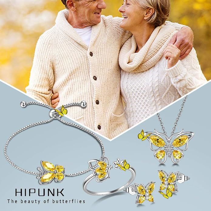 925 Sterling Silver Birthstone Butterfly Jewelry Women Crystal Animal Cute Butterflies Birthday Necklace/Earring/Ring/Bracelet Sets Birth Stone Statement Anniversary Jewellery
