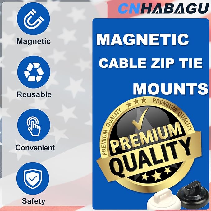 Magnetic Cable Zip Tie Mounts Clips Multipurpose Zip Ties Mount Base Holder Black Wire Cable Holder Mount Wire Clips Management for Home Office Marine Electrical Wiring (White, 10 Piece)