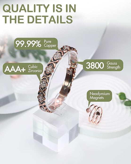 Feraco Pure Copper Bracelets & Rings for Women, Ultra Strength Magnetic Bracelet for Women with Neodymium Magnets & Sparkling Cubic Zirconia, Adjustable, Infinite Clover Jewelry