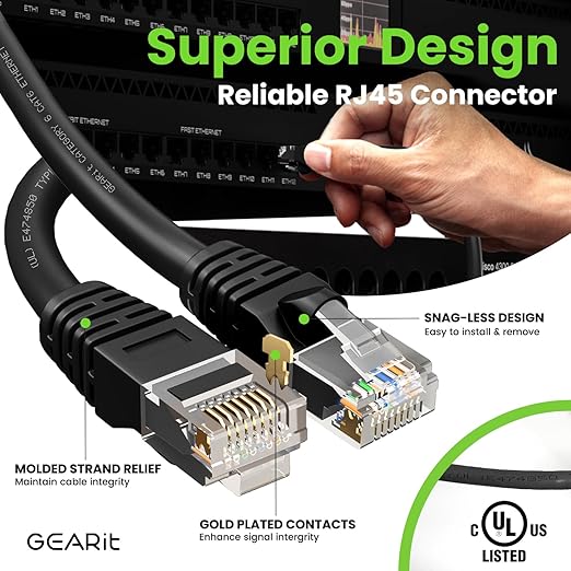 GEARit Cat 6 Ethernet Cable Pack - 5-Pack 6 ft Cat6 Ethernet Patch Cables | RJ45 Network Patch Cable, 10 Gbps Snagless Gold-Plated Connectors - Ethernet Cable Cat 6 for PC, TV, Router - Black