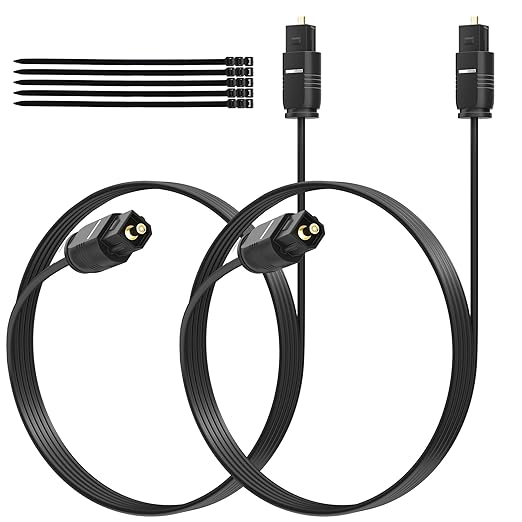 Adoreen Ultra-Thin Slim Digital Optical Audio Cable 8 FT/2 Pack, Fiber Optic Toslink SPDIF Cord Gold-Plated High-Speed Flexible & Durable for TV Soundbar Home Theater Game Console PS4 Xbox +Ties