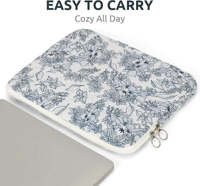Puffy Laptop Sleeve 13-15.6 Inch Cute Quilted Laptop Protective Case Padded Floral Computer Sleeve for MacBook (B-Dark Blue, 11 Inch)