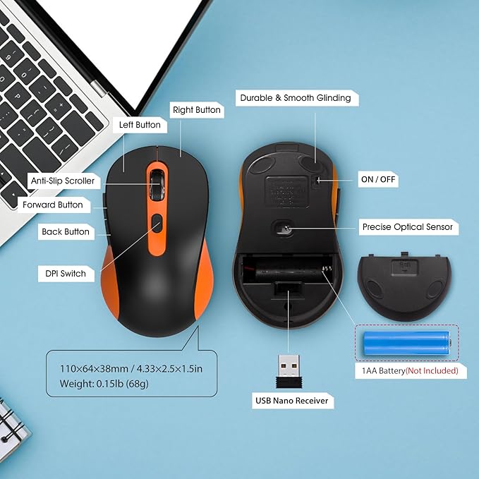 Wireless Mouse for Laptop, PC, Chromebook, Mac, MacBook, Silent Mouse with USB Nano Receiver, Side Button, 2400 DPI, Anti Slip Roller, 6 Button Ergonomics Cordless Computer Mice - Black Orange