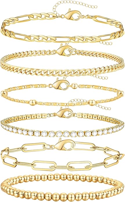 adoyi Valentines Day Gifts for Her Gold Bracelets for Women, 14K Gold Plated Stackable Bracelet Stack Set Adjustable Charm Paperclip Chain Cuban Link Layered Waterproof Jewelry Sets Gifts for Womens