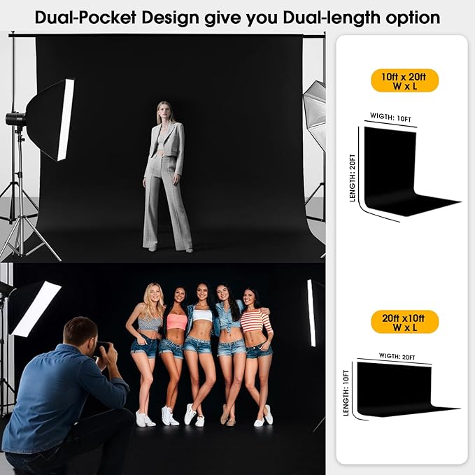 10x20ft Black Backdrop for Photography, Dual-Size Dual-Pocket Design Photo Booth Background for Portrait Photoshoot, Party and Video with Both Options of 10 feet and 20 feet in Width