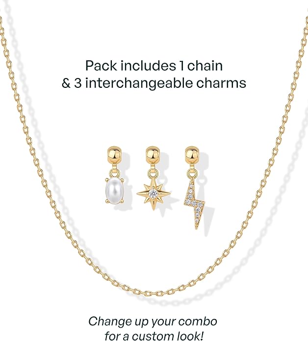 PAVOI 14K Gold Plated Dainty Necklace with Charms Set - Hypoallergenic Adjustable Chain Gold Charm Necklace for Women - Small Motif & Mantra 2 and 3-Pack Removable Pendants - Cute Jewelry Gifts