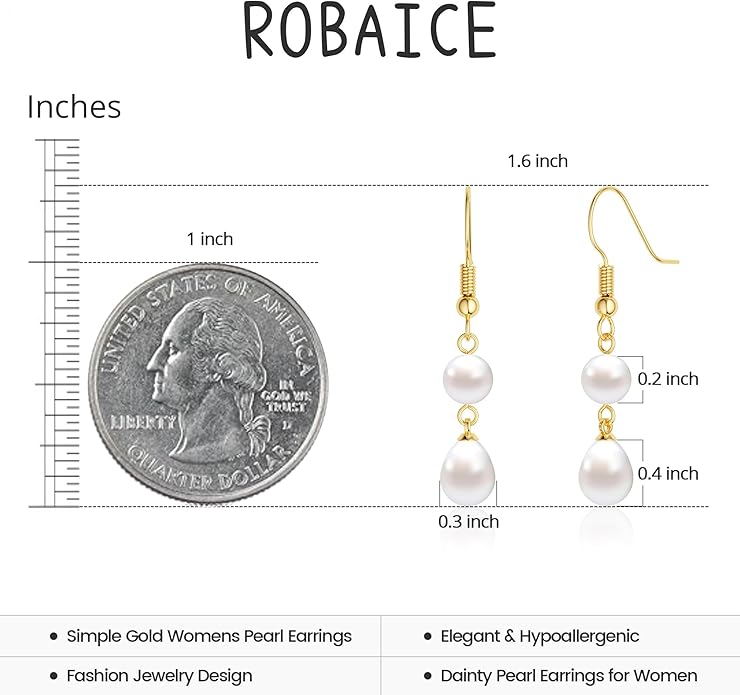 Gold Pearl Dangle Earrings for Women, 14K Gold Plated Small Pearl Drop Huggie Hoop Earrings, Hypoallergenic Dainty Gold Earrings Wedding Jewelry Gifts for Women Trendy