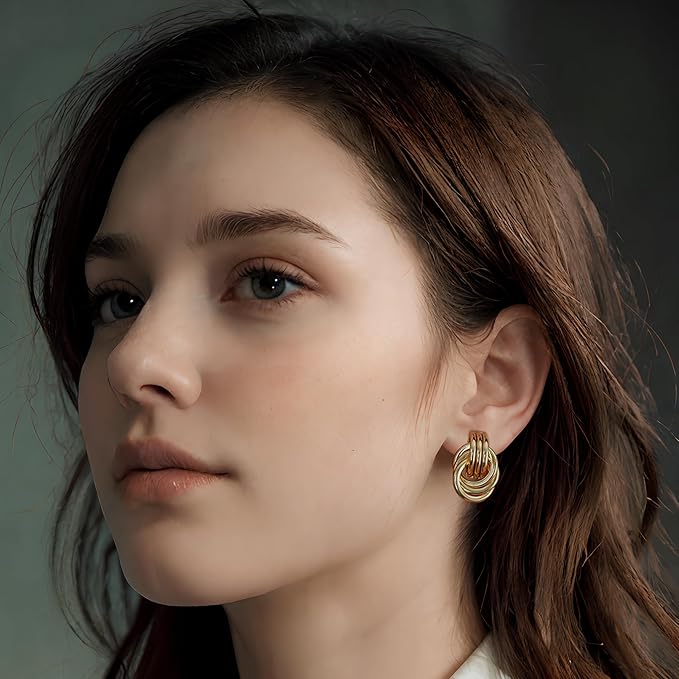 Gold Plated Chunky Gold Earrings for WomenKnot Link Circle Statement Drop Dangle Earrings Studs Trendy Jewelry