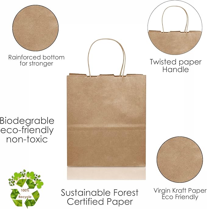 JET PAPER BAGS - 8”x4”x9” Inch [100 Pcs] Brown Paper Bags with Handles Prime for Takeout, Grocery, Goody, Retail, Party, Gifts, Weddings - Recyclable Kraft Paper Gift Bags with Handles