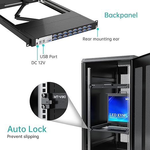 MT-VIKI 19'' LCD KVM Console, 16 Port VGA KVM Switch w/Keyboard+Monitor+Mouse+Drawer+Touchpad, Support OSD/Hotkey/Panel Button Switching (Included 16 KVM Cables)