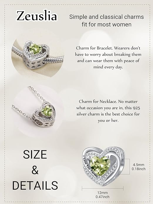 Heart Birthstone Charms for Bracelets, 925 Sterling Silver Women Bead Charms for Charm Bracelets Necklace, Mother's Day Birthday Anniversary Jewelry Gifts for Wife Mom Grandma Daughter