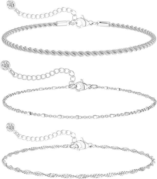 DEARMAY Dainty Silver Plated Bracelets for Women Trendy, Silver Jewelry Set for Women Bracelets for Women Paperclip Box Herringbone Figaro Rope Chain Bracelet Fashion Pack Gifts for Women
