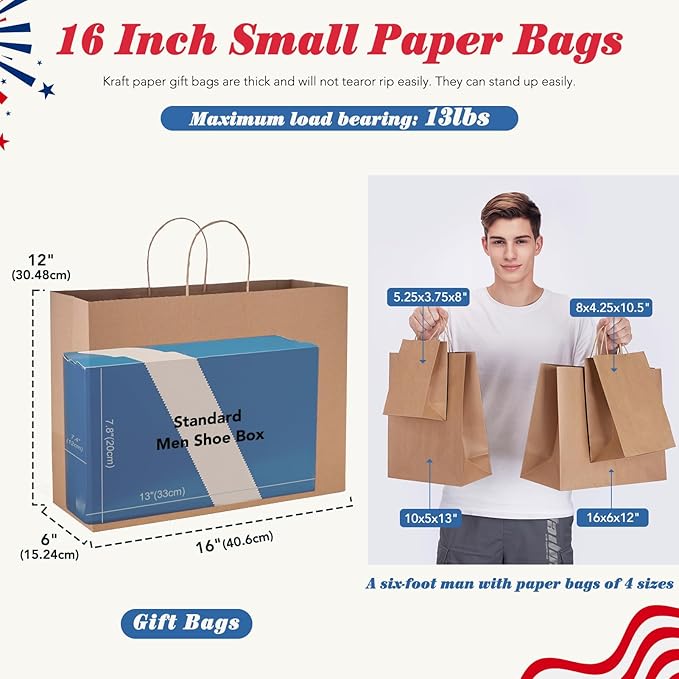 GSSUSA Large Brown Paper Bags with Handles 16x6x12 200 Pcs, Kraft Paper Gift Bag Bulk Bags for Small Business, Grocery & Retail, Boutique Shopping, Merchandise Packaging