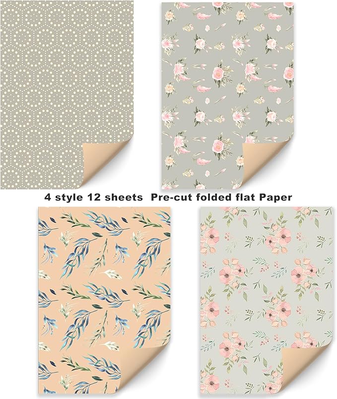 PlandRichW Wrapping Paper of Stylishly Designed Folded Kraft Wrapping Paper 12 Sheets Recycled Gift Wrapping Paper for Birthday, Wedding, Mother's Day, Party, and Baby Shower Precut 20" X 29"