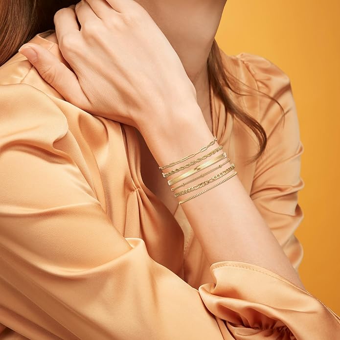 Silver and Gold Bracelets for Women Non Tarnish Waterproof Gold bracelet stack set, Adjustable 6.5"+2" Extender, Layered Bracelets for Women，Exquisite Jewelry Gift