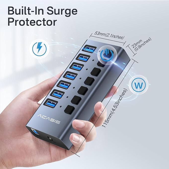 Powered USB 3.1 Hub, ACASIS 7 Ports USB 3.1 Hub with 10Gbps Data Speed，Aluminum Housing, USB Hub Powered with 24W Power Adapter, USB Hub for PC/Laptop, Computer, Flash Drive, Printer, Camera