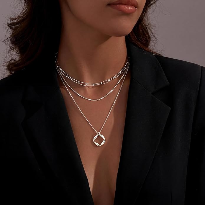 Layered Gold Necklaces for Women, Stackable Dainty 14K Gold Silver Plated Trendy Simple Heart Diamond Cross Bow Circle Pendant Paperclip Choker Dot Chain Necklace,Jewelry Set Gifts for Women