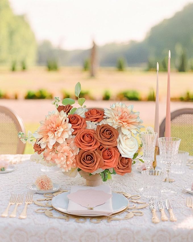Roses Artificial Flowers Orange Fake Flower Bulk for DIY Wedding Bouquets Bridal Baby Shower Centerpiece Table Decorations Silk Faux Floral Arrangements for Party Home Decor Cake Decorating