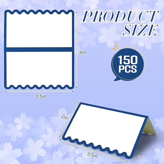 150 PCS Blue Scalloped Place Cards 2 x 3.5 Inch Blank Tented Place Card Name Cardstock Seat Assignment Label Card Reserved Table Signs Seating Signs for Birthday Party Wedding Setting