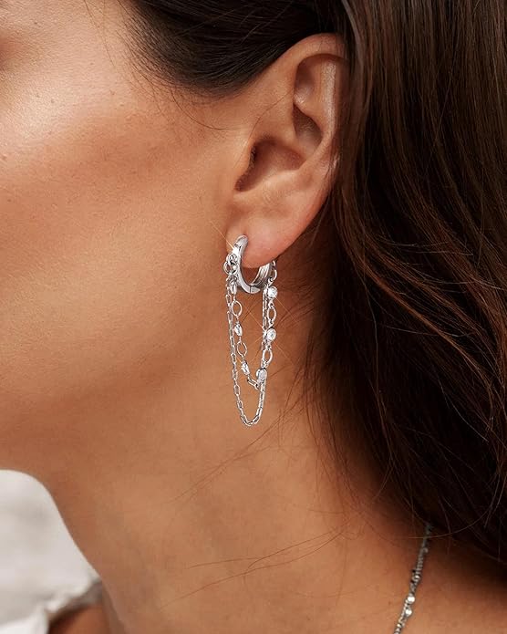 Tassel Chain Small Gold Hoop Dangle Earring For Women Huggie Earring Heart Star CZ 14K Gold Plated Fashion Jewelry Friendship Gift