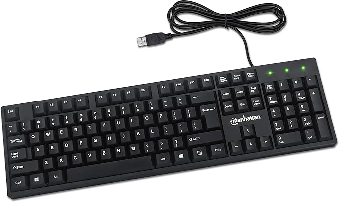 Manhattan Wired Computer Keyboard – Basic Black Keyboard - with 4.5ft USB-A Cable, 104-keys, Foldable Stands - Compatible for Windows, PC, Laptop - 3 Yr Mfg Warranty – 179324