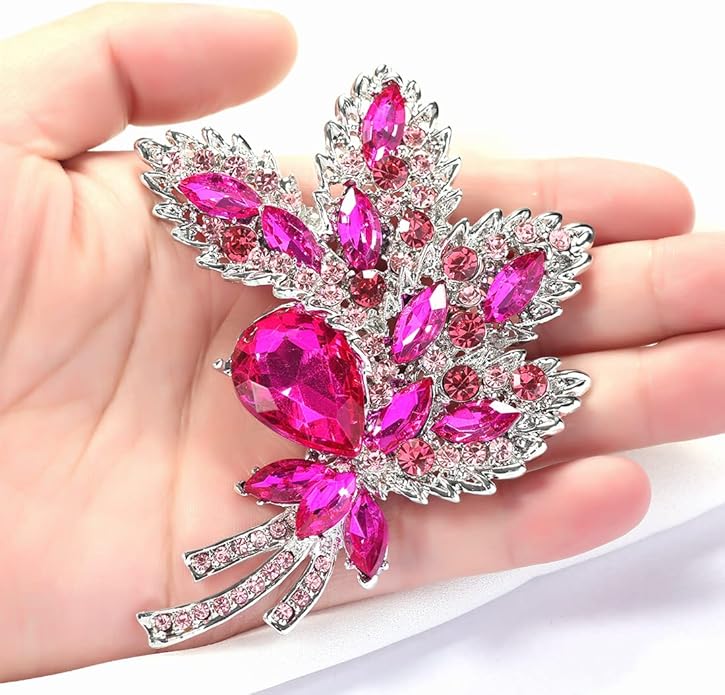 YOQUCOL Big Large Brooch Pin Austrian Crystal Leaf Shape Bouquet Rhinestone Scarf Decoration Wreath Cloth Brooches Pins For Women Girls