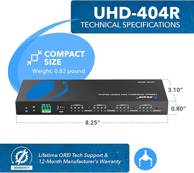 OREI 4x4 4K HDMI Matrix Switcher Splitter, (4-Input, 4-Output) Switch with Remote Control Auto Downscale 4K to 1080p, HDR10 Support (UHD-404R)